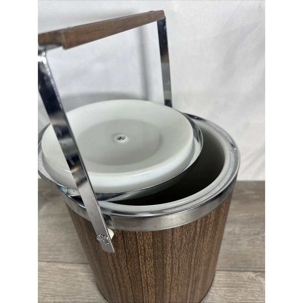 Vintage MCM 1960s Kromex Ice Bucket Faux Wood Grain and Chrome